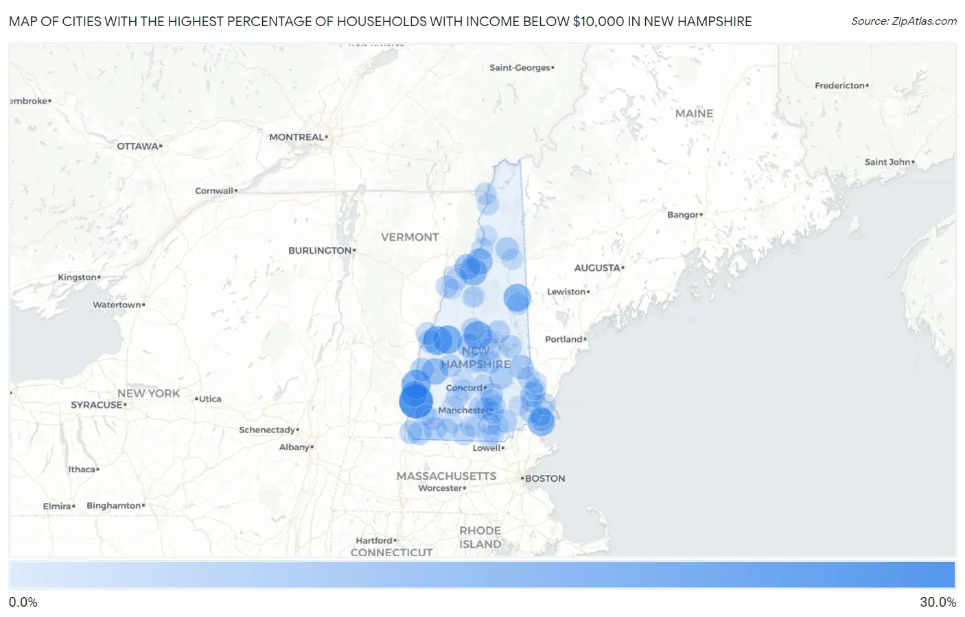 Cities with the Highest Percentage of Households with Income Below $10,000 in New Hampshire Map