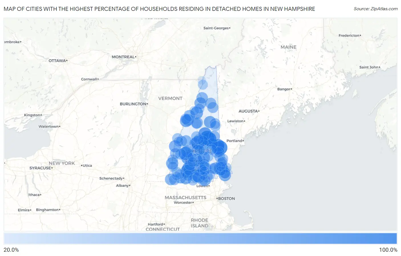 Cities with the Highest Percentage of Households Residing in Detached Homes in New Hampshire Map