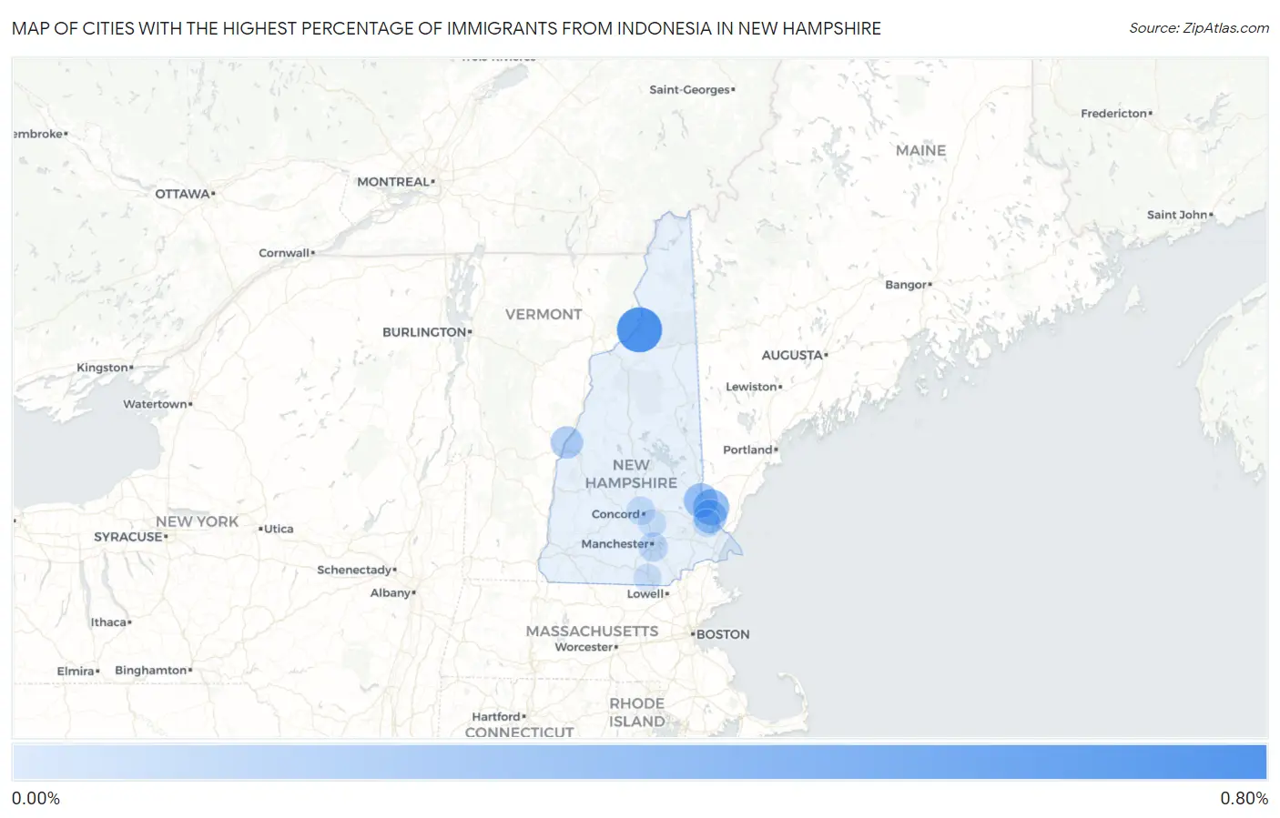 Cities with the Highest Percentage of Immigrants from Indonesia in New Hampshire Map