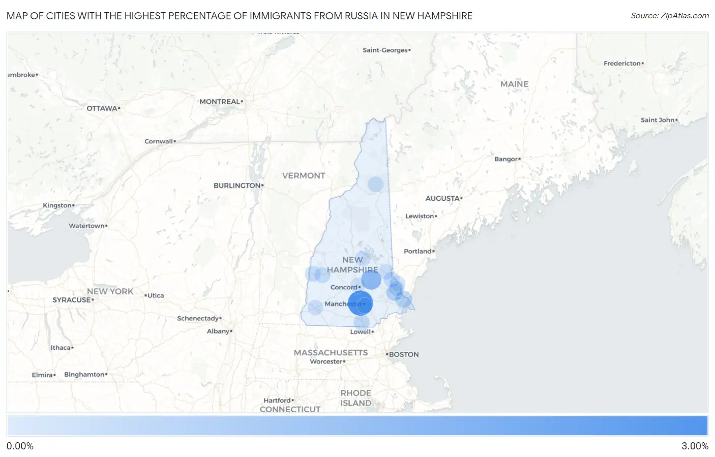 Cities with the Highest Percentage of Immigrants from Russia in New Hampshire Map