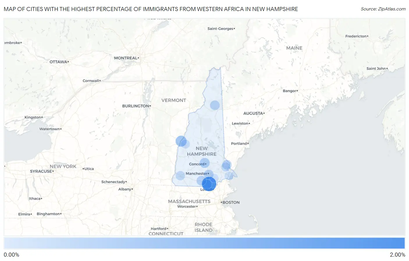 Cities with the Highest Percentage of Immigrants from Western Africa in New Hampshire Map