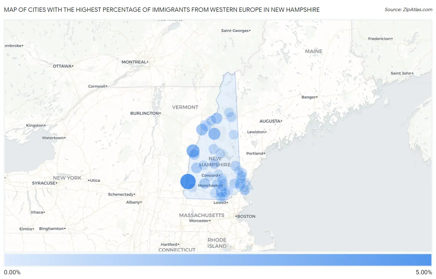 Cities with the Highest Percentage of Immigrants from Western Europe in New Hampshire Map