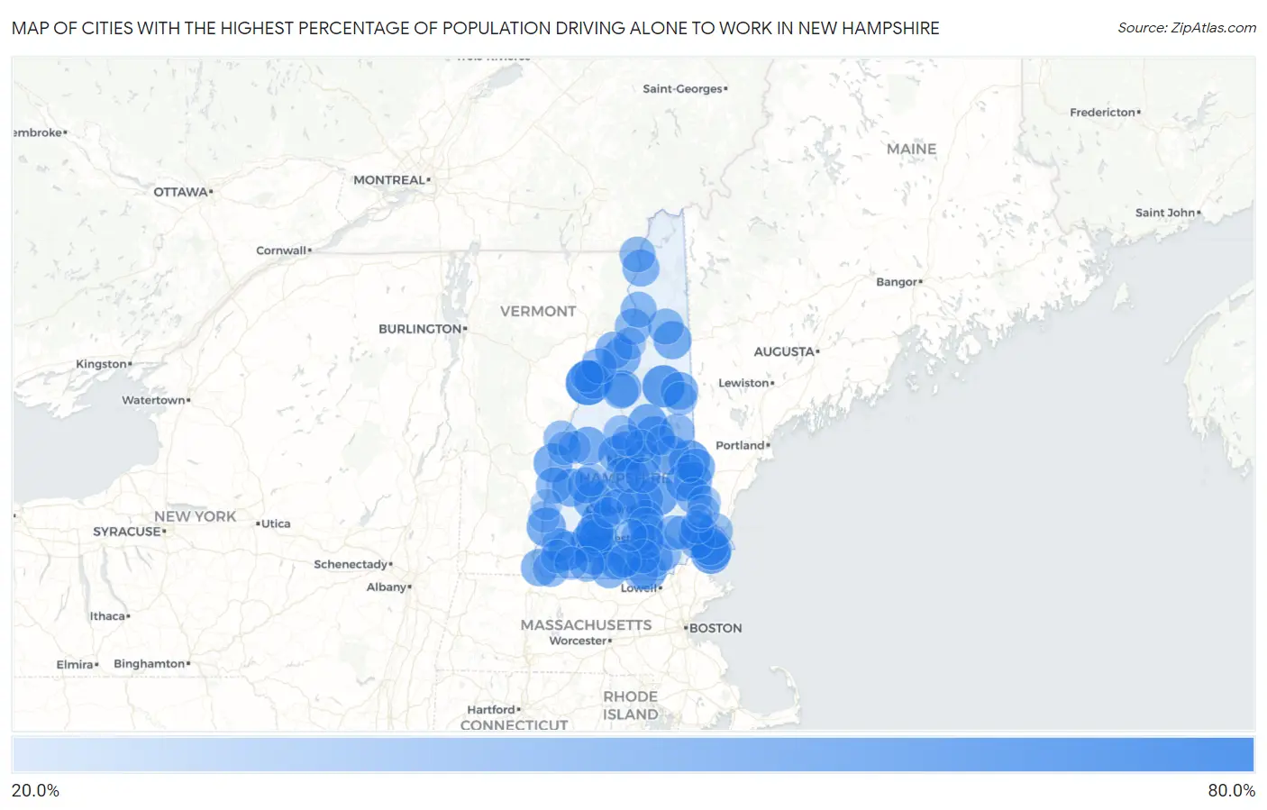 Cities with the Highest Percentage of Population Driving Alone to Work in New Hampshire Map