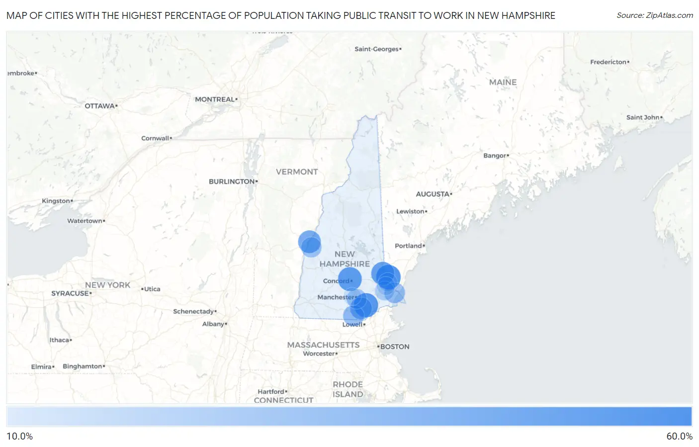 Cities with the Highest Percentage of Population Taking Public Transit to Work in New Hampshire Map