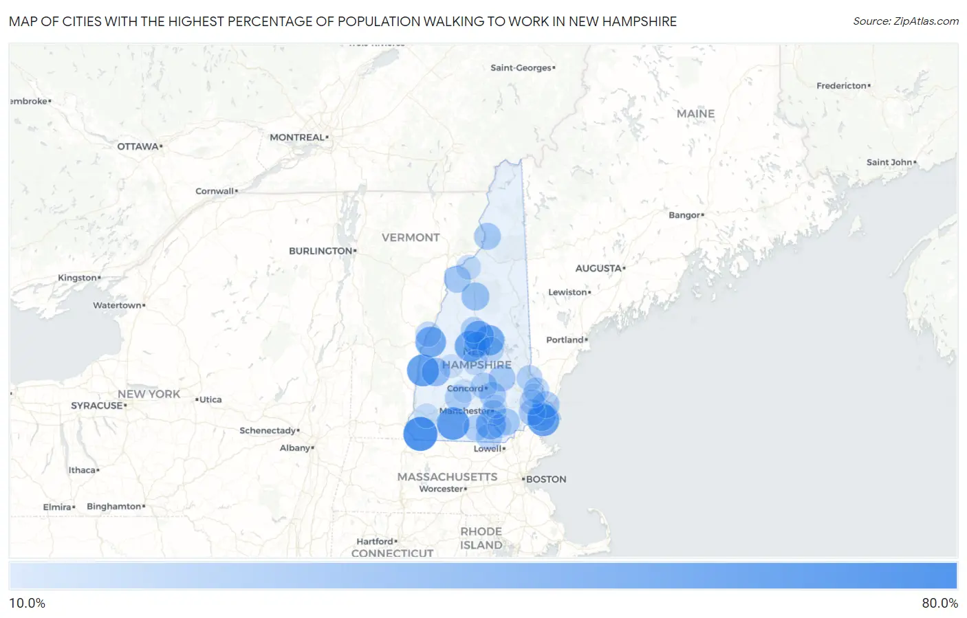 Cities with the Highest Percentage of Population Walking to Work in New Hampshire Map