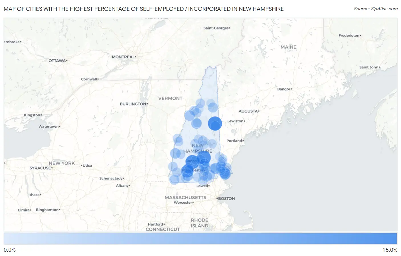 Cities with the Highest Percentage of Self-Employed / Incorporated in New Hampshire Map