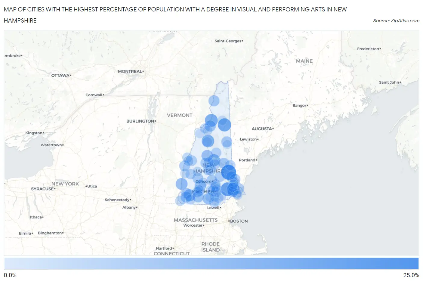 Cities with the Highest Percentage of Population with a Degree in Visual and Performing Arts in New Hampshire Map