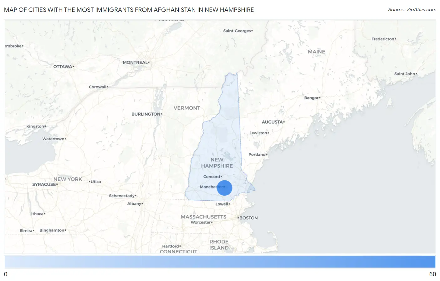 Cities with the Most Immigrants from Afghanistan in New Hampshire Map