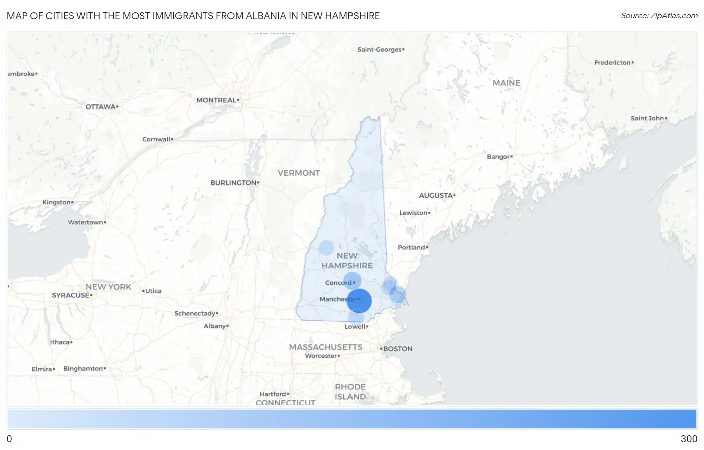 Cities with the Most Immigrants from Albania in New Hampshire Map