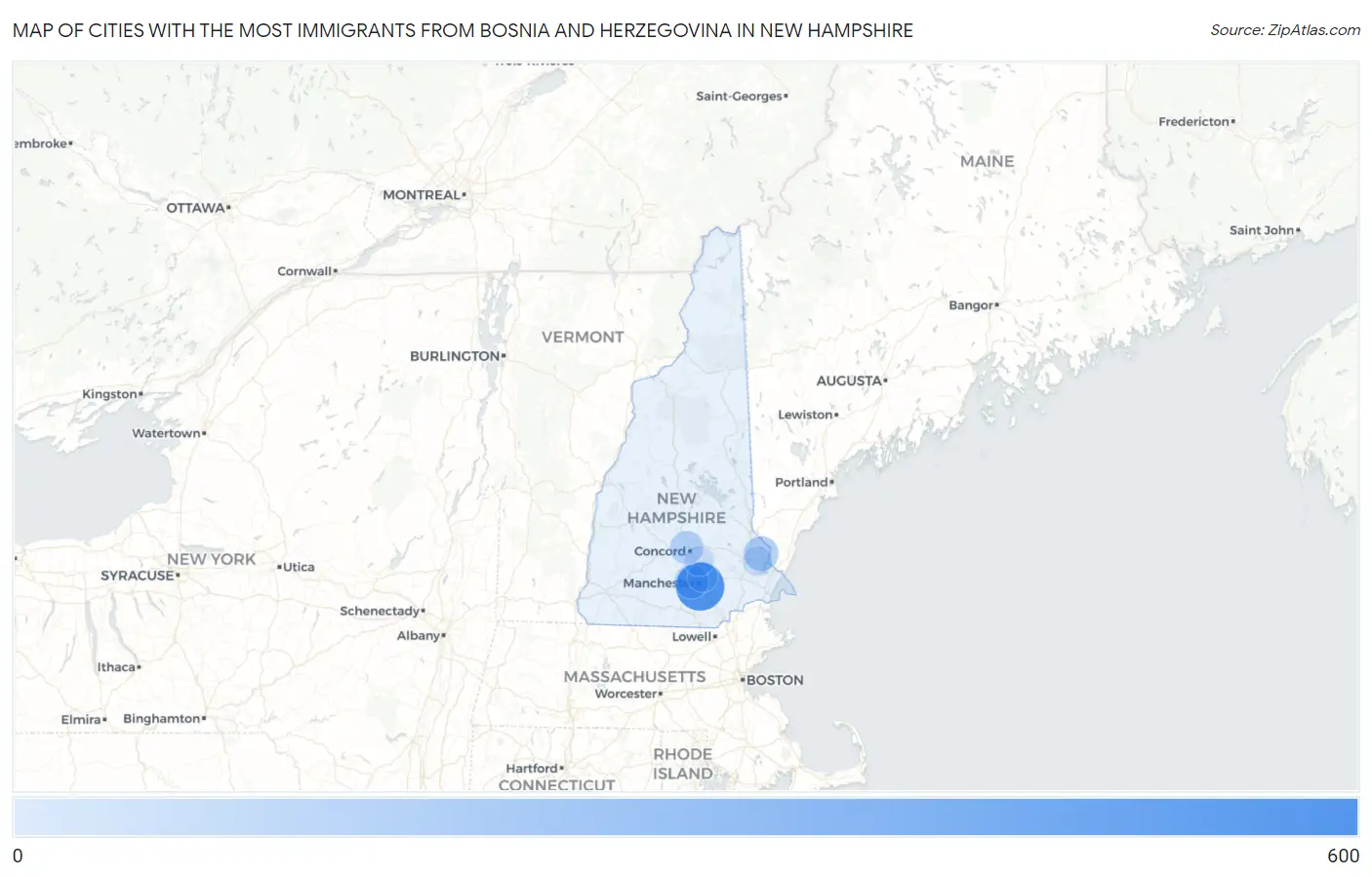Cities with the Most Immigrants from Bosnia and Herzegovina in New Hampshire Map