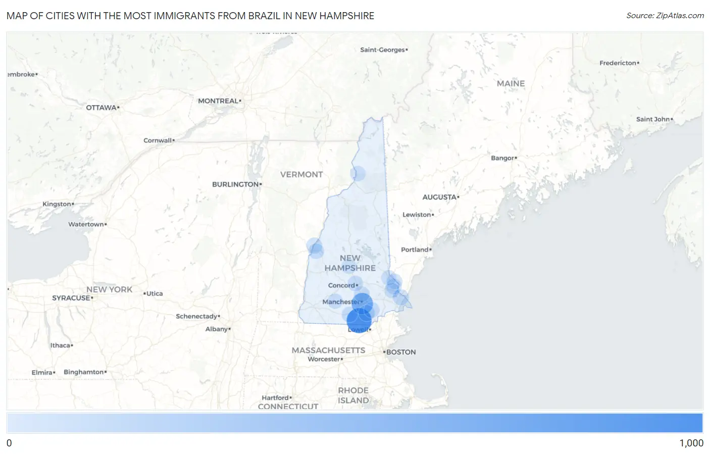 Cities with the Most Immigrants from Brazil in New Hampshire Map