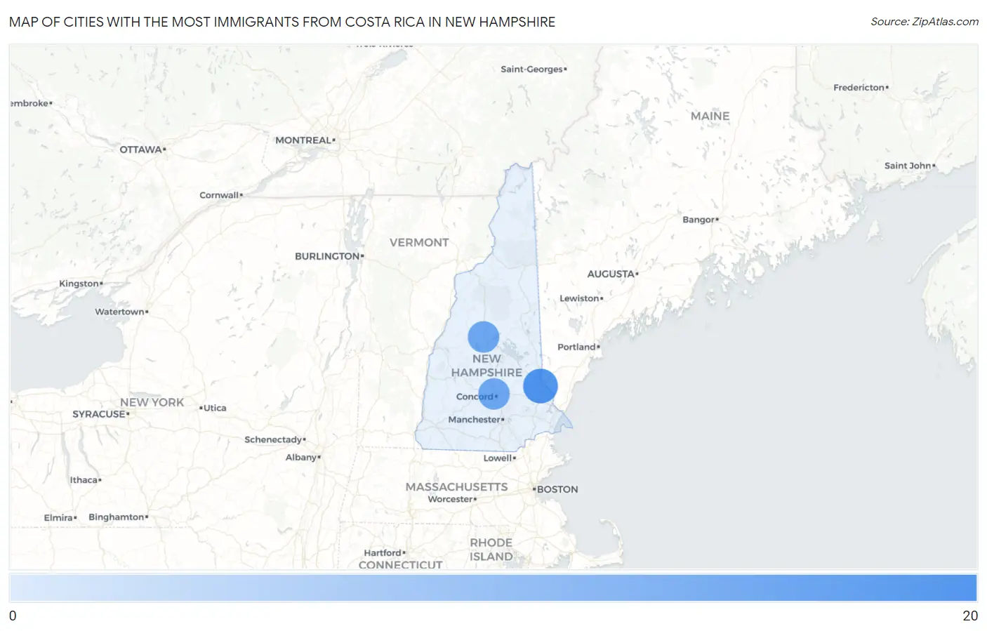 Cities with the Most Immigrants from Costa Rica in New Hampshire Map