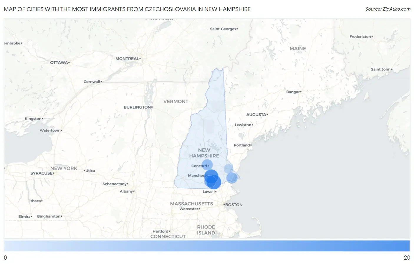 Cities with the Most Immigrants from Czechoslovakia in New Hampshire Map