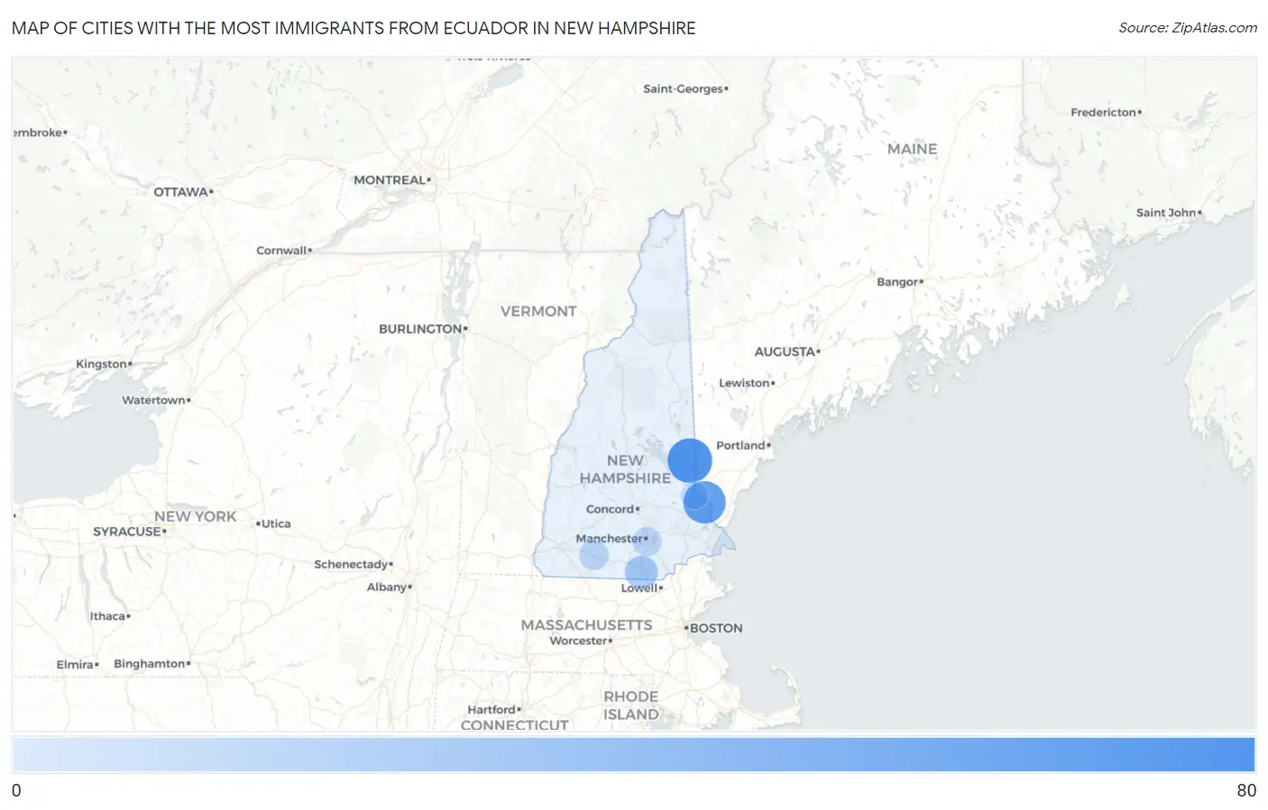 Cities with the Most Immigrants from Ecuador in New Hampshire Map