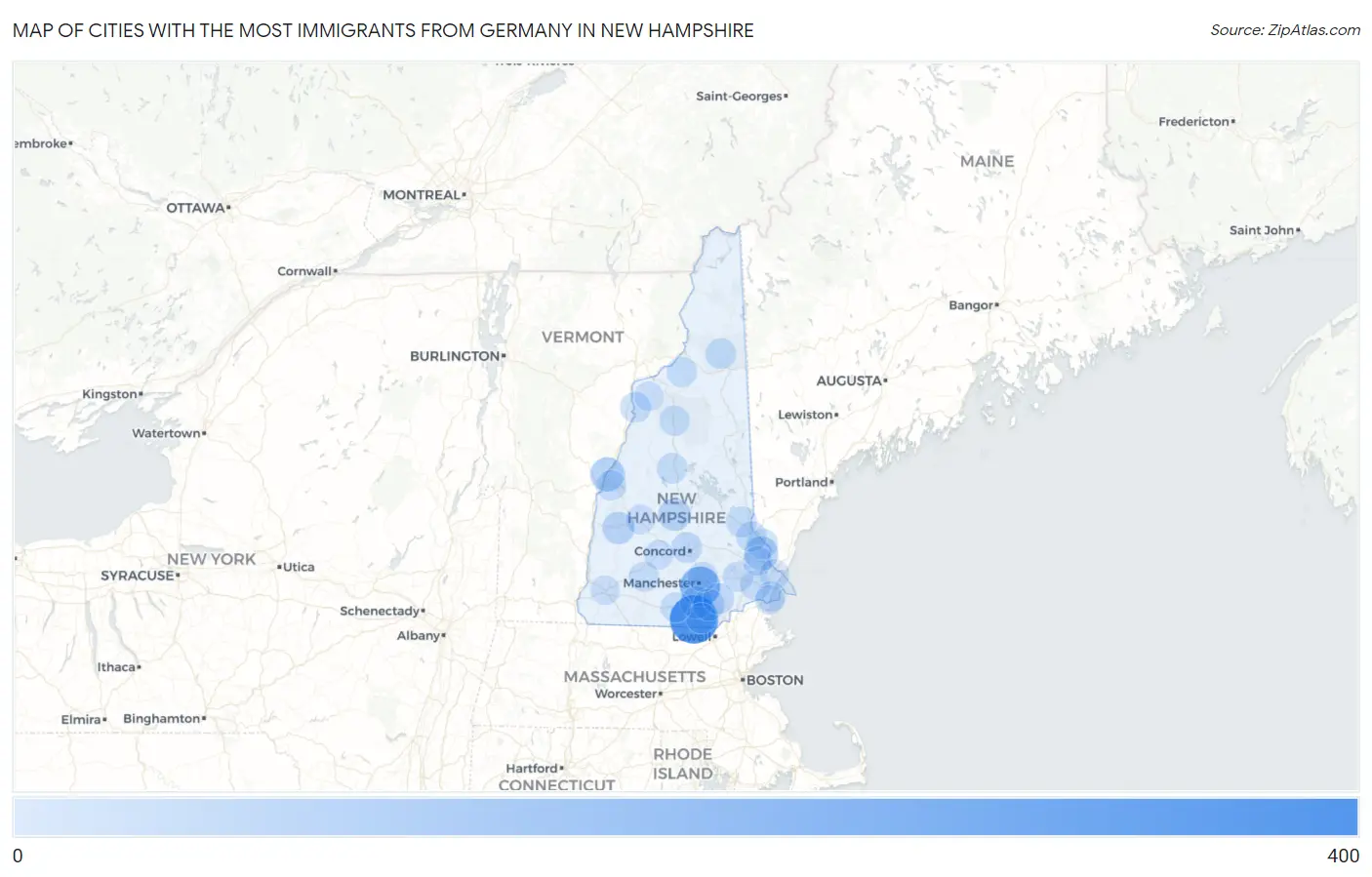 Cities with the Most Immigrants from Germany in New Hampshire Map