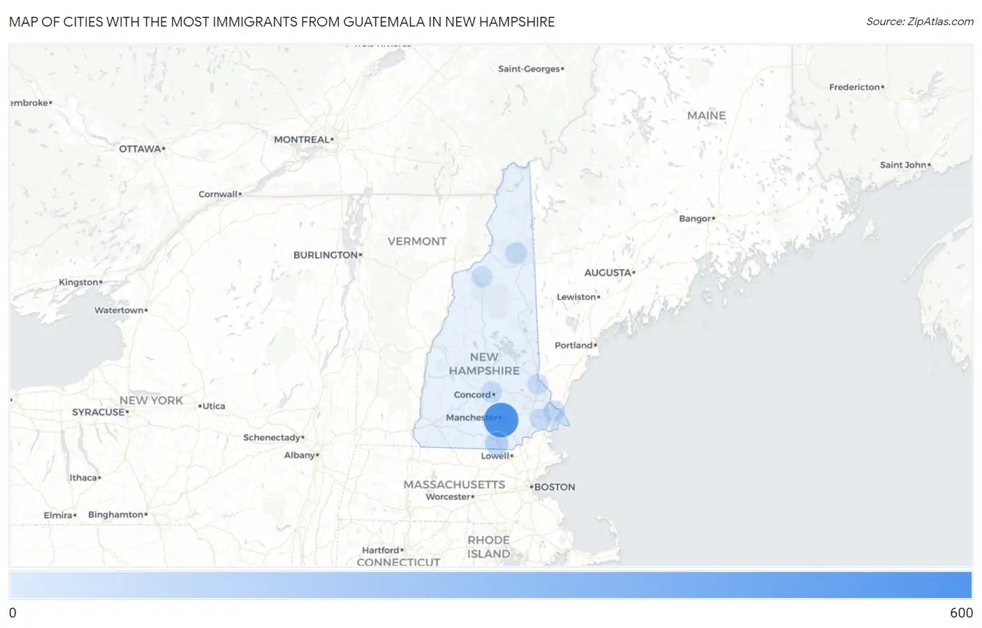 Cities with the Most Immigrants from Guatemala in New Hampshire Map