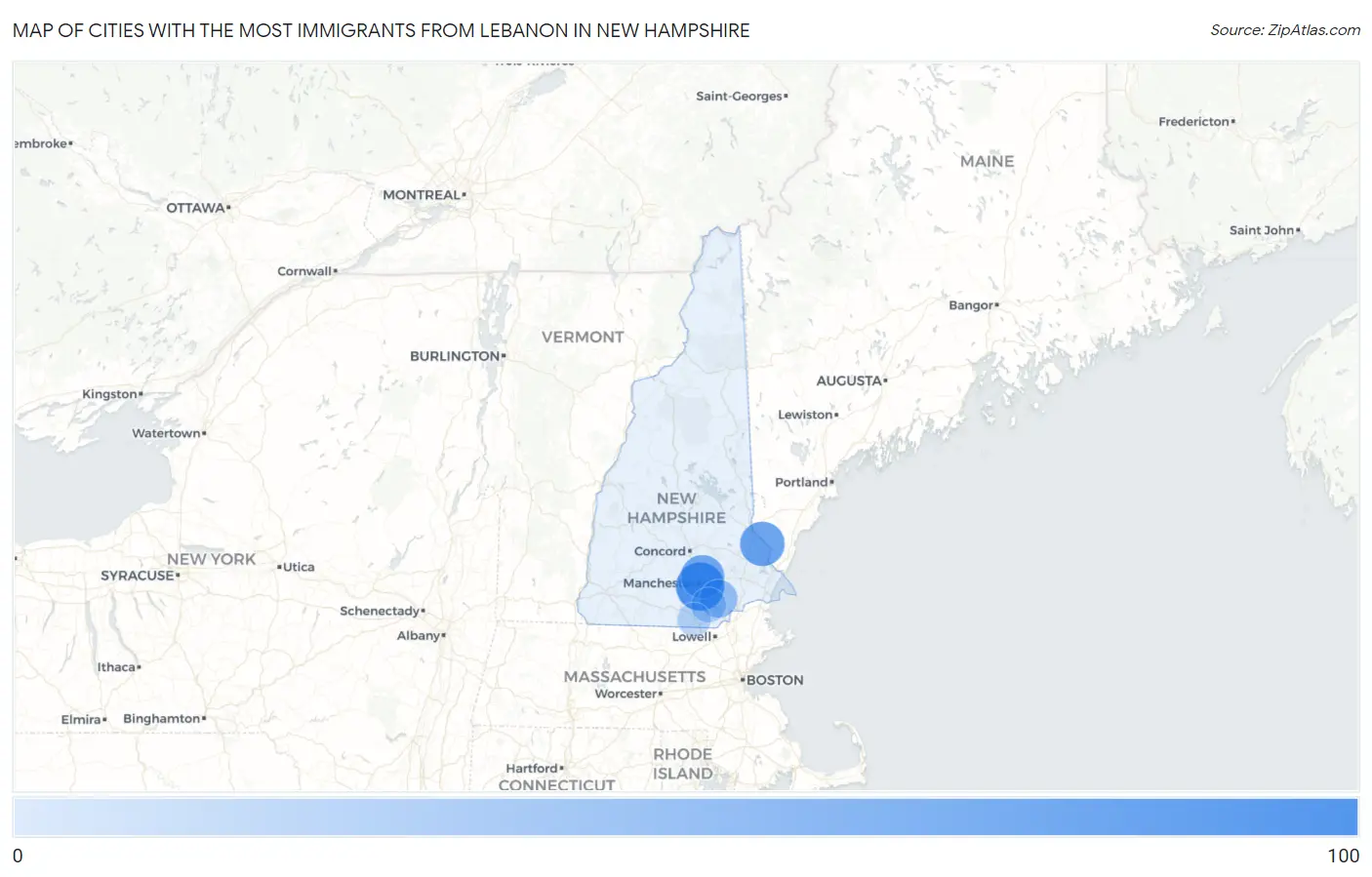 Cities with the Most Immigrants from Lebanon in New Hampshire Map