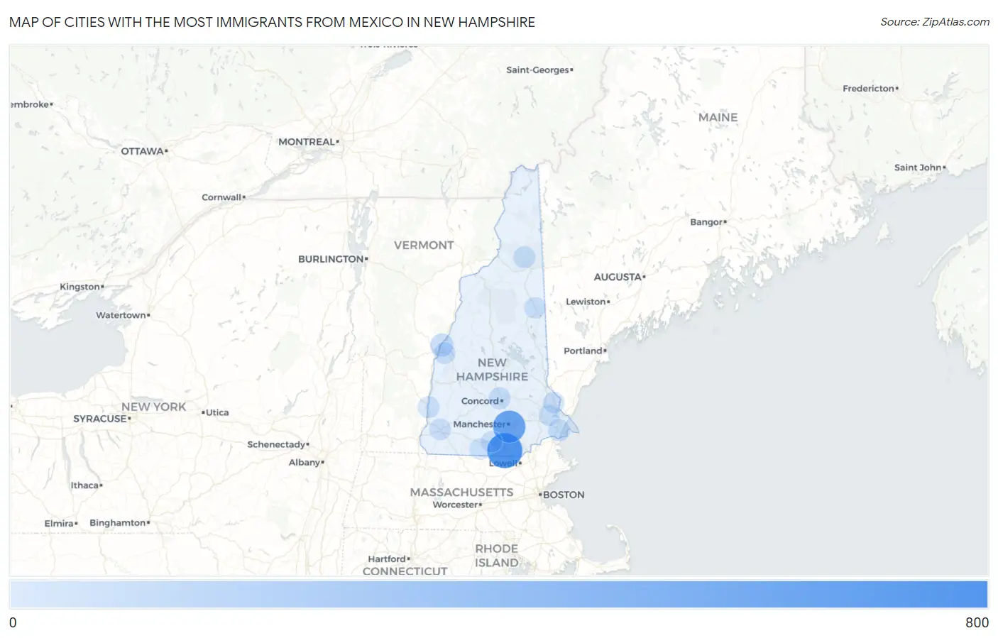 Cities with the Most Immigrants from Mexico in New Hampshire Map