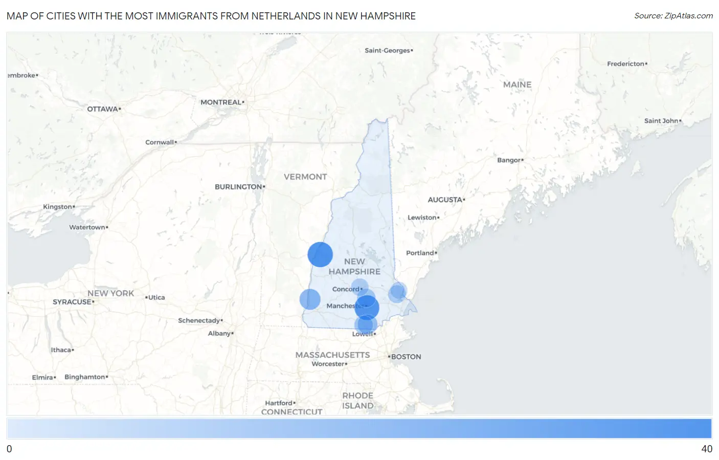 Cities with the Most Immigrants from Netherlands in New Hampshire Map