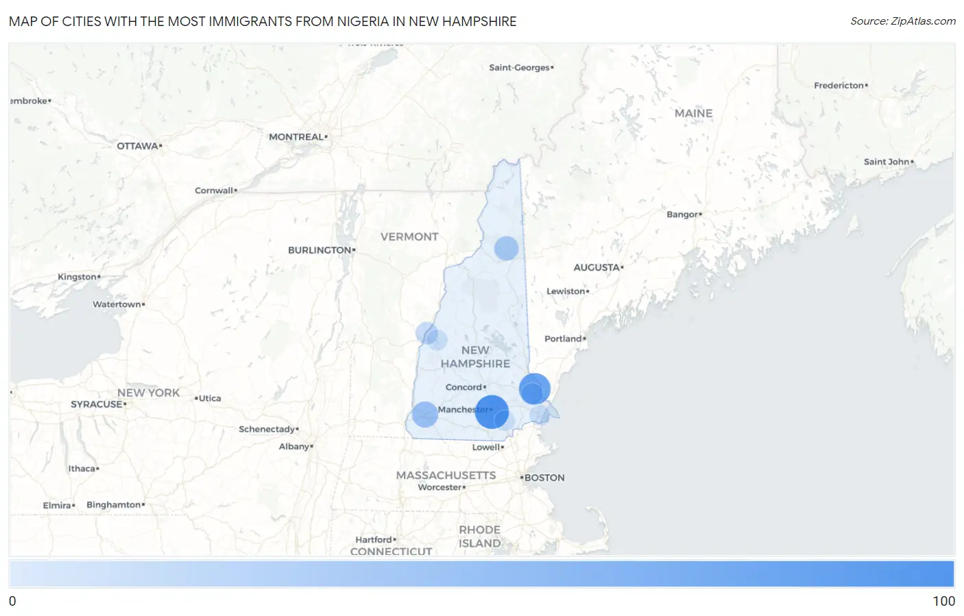 Cities with the Most Immigrants from Nigeria in New Hampshire Map