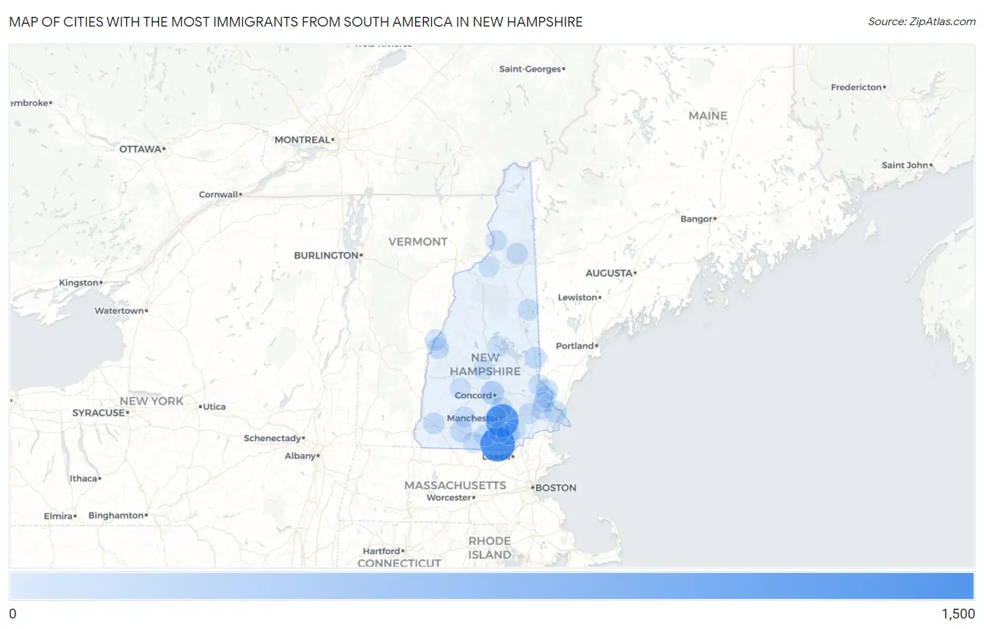 Cities with the Most Immigrants from South America in New Hampshire Map