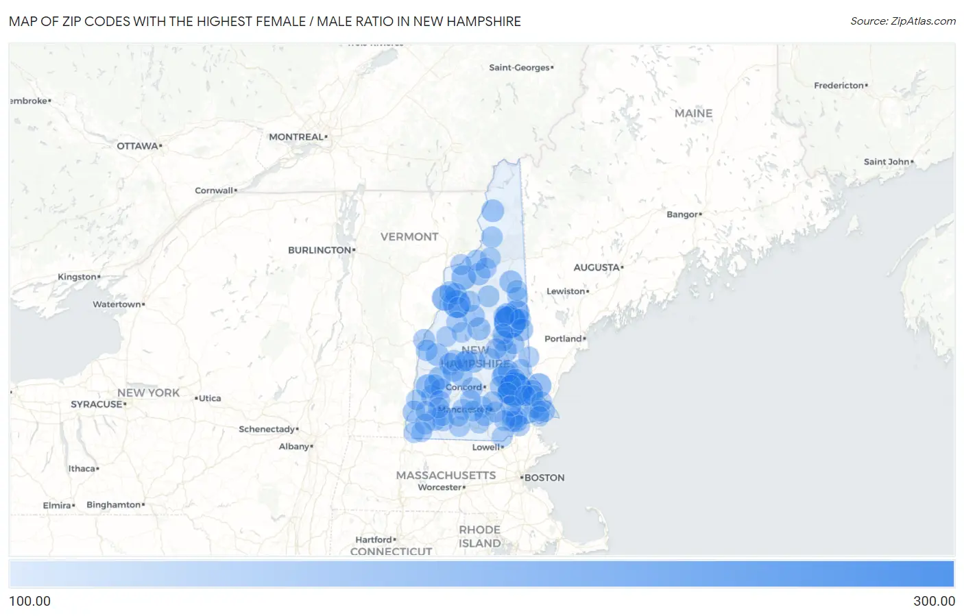 Zip Codes with the Highest Female / Male Ratio in New Hampshire Map