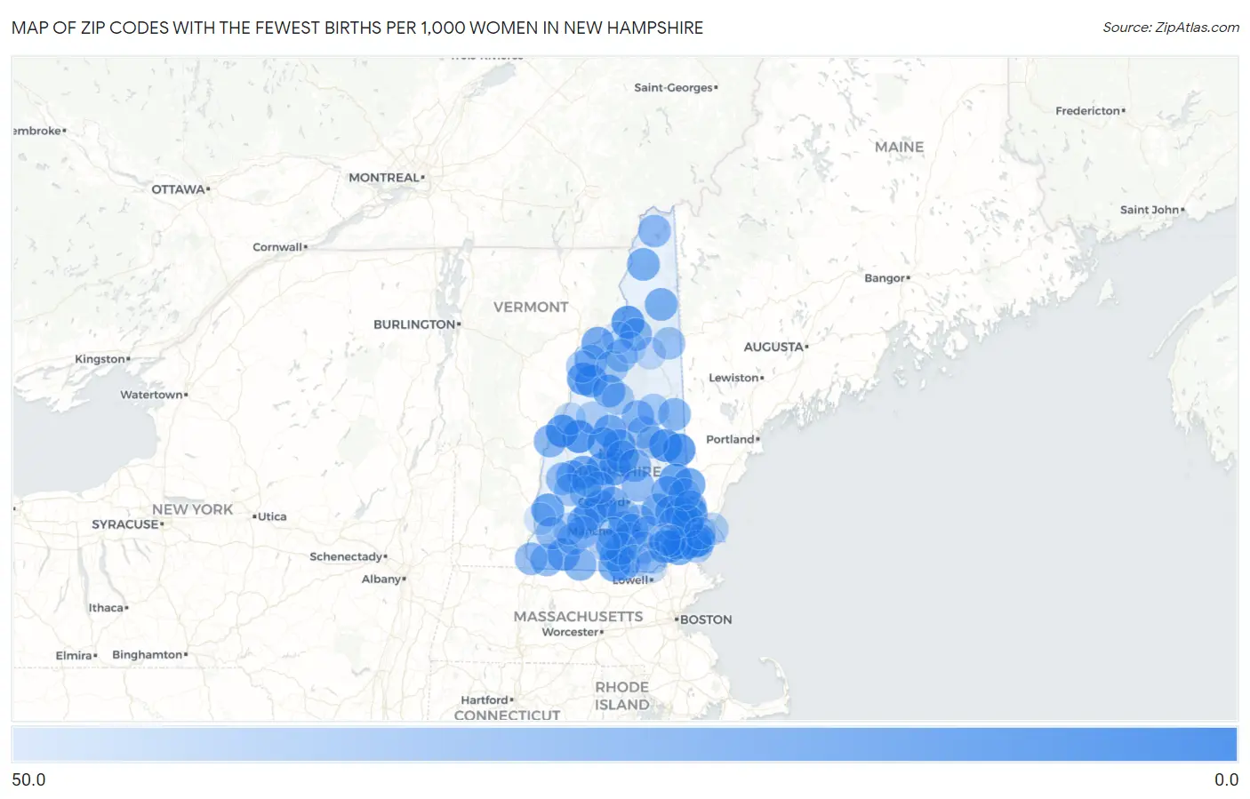 Zip Codes with the Fewest Births per 1,000 Women in New Hampshire Map