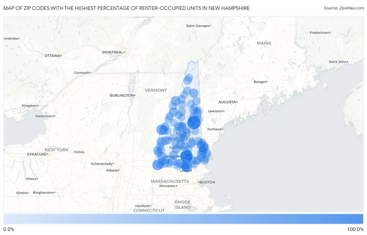 Zip Codes with the Highest Percentage of Renter-Occupied Units in New Hampshire Map