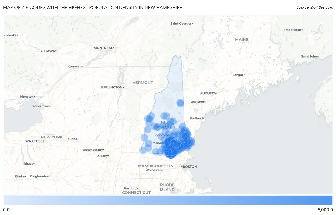 Zip Codes with the Highest Population Density in New Hampshire Map