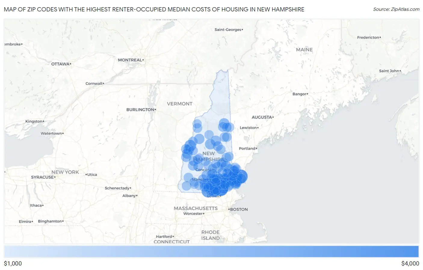 Zip Codes with the Highest Renter-Occupied Median Costs of Housing in New Hampshire Map