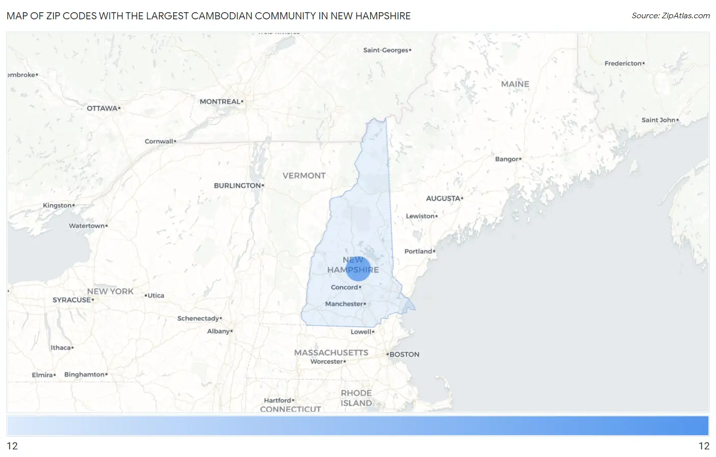 Zip Codes with the Largest Cambodian Community in New Hampshire Map