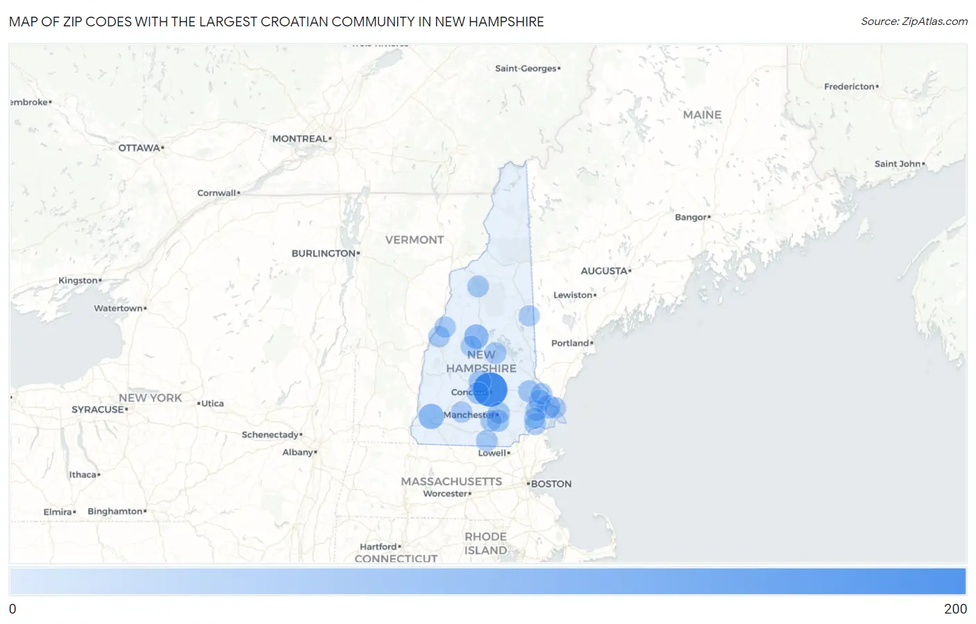 Zip Codes with the Largest Croatian Community in New Hampshire Map