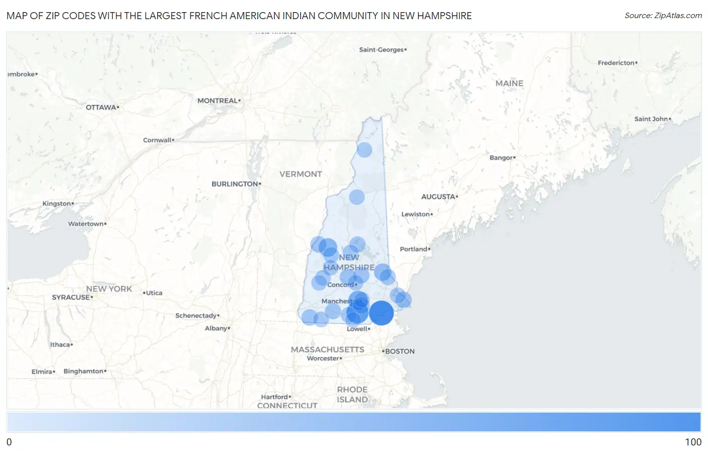 Zip Codes with the Largest French American Indian Community in New Hampshire Map