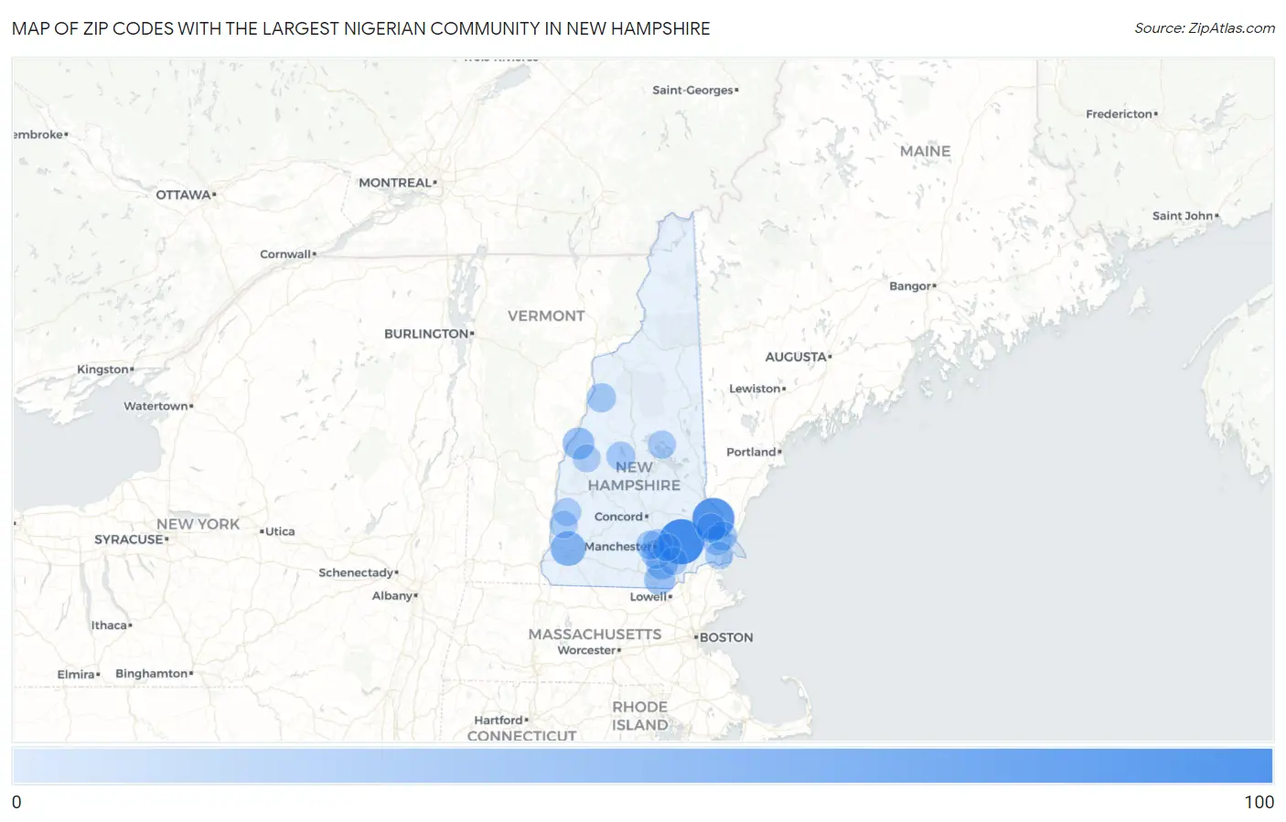 Zip Codes with the Largest Nigerian Community in New Hampshire Map