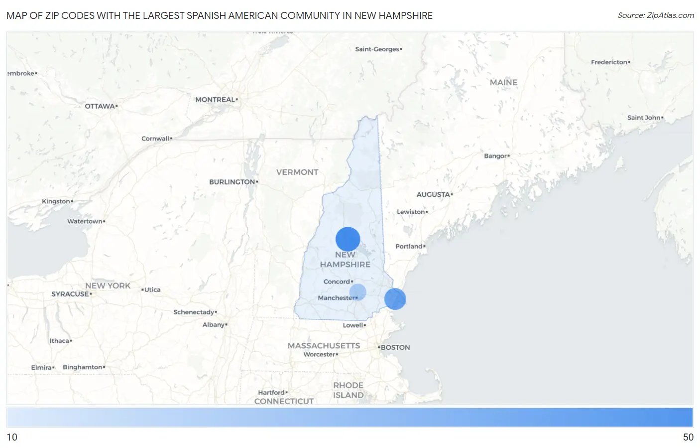 Zip Codes with the Largest Spanish American Community in New Hampshire Map