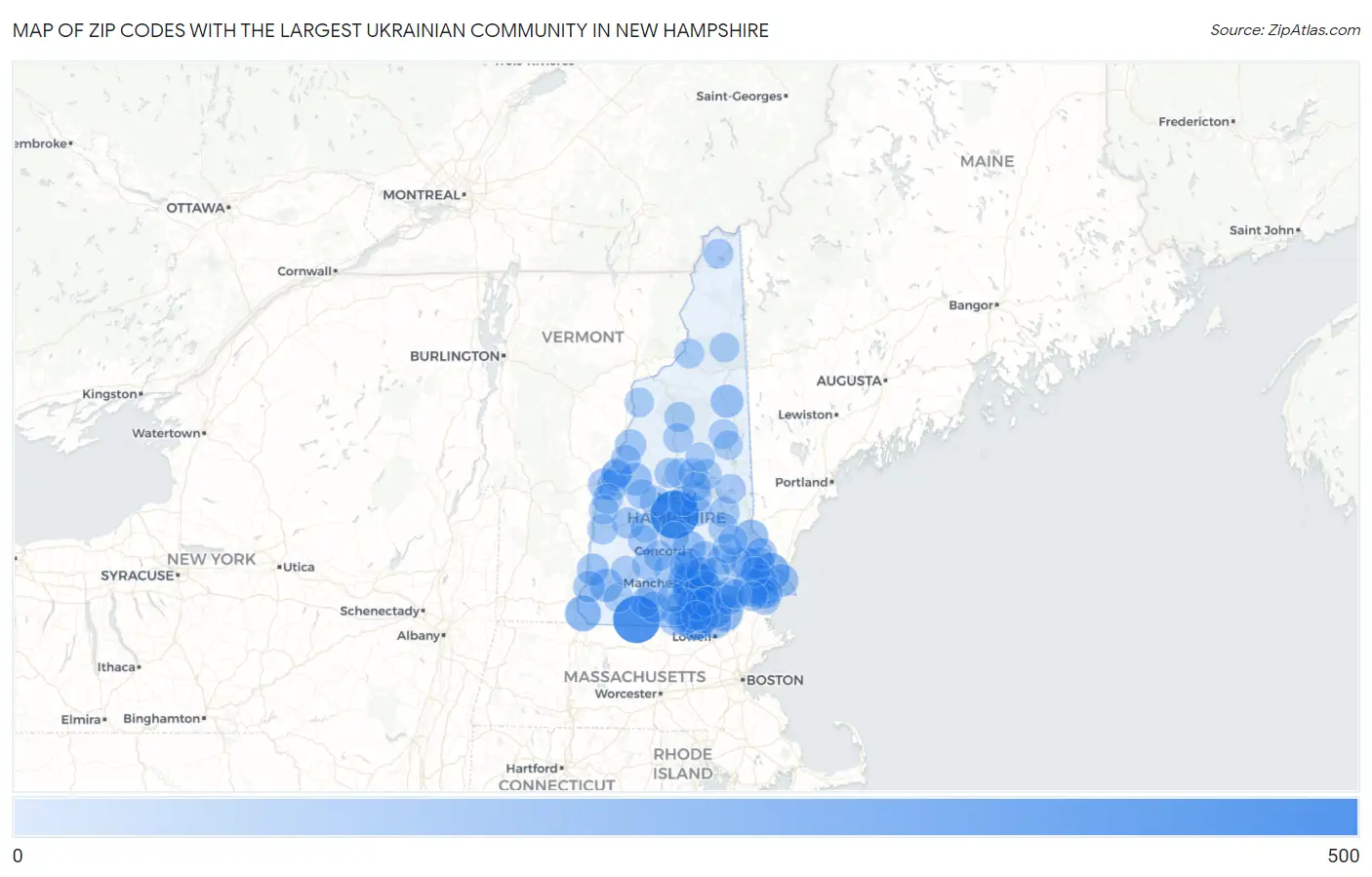 Zip Codes with the Largest Ukrainian Community in New Hampshire Map
