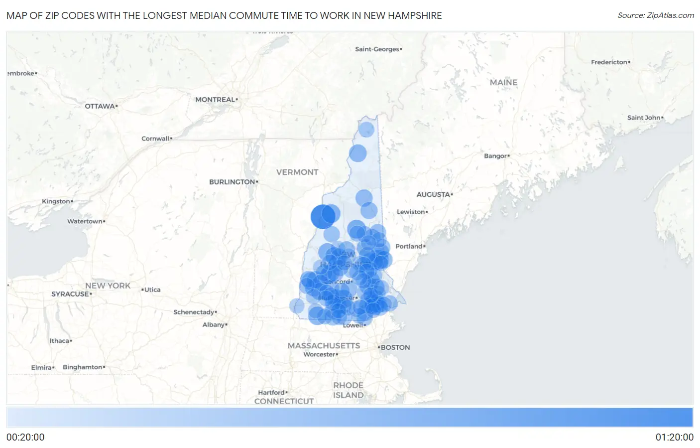 Zip Codes with the Longest Median Commute Time to Work in New Hampshire Map