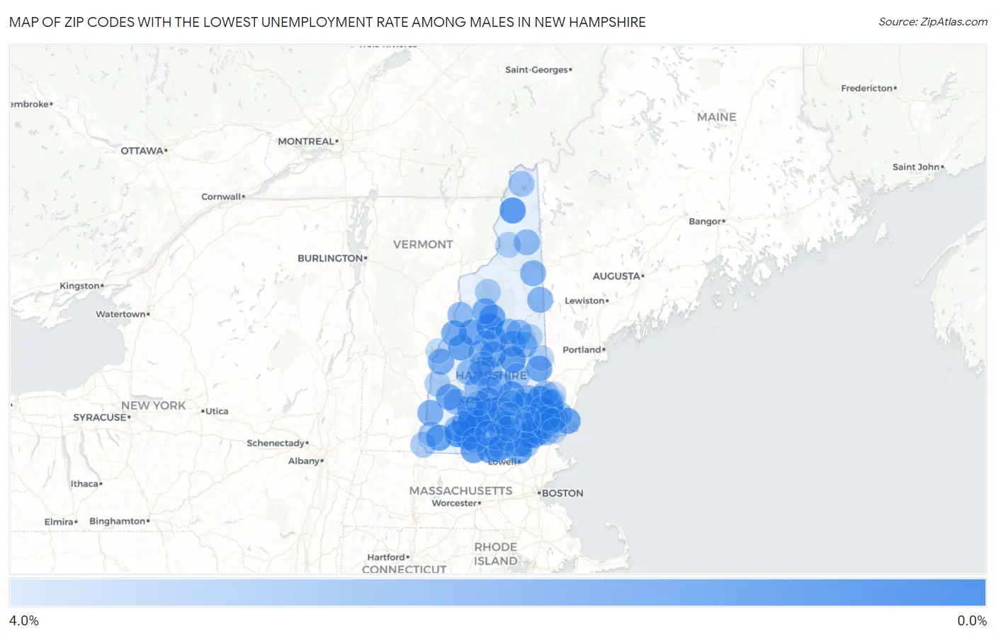 Zip Codes with the Lowest Unemployment Rate Among Males in New Hampshire Map
