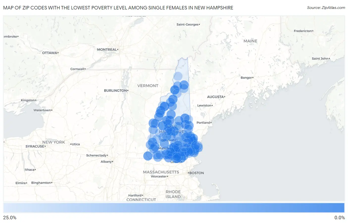 Zip Codes with the Lowest Poverty Level Among Single Females in New Hampshire Map