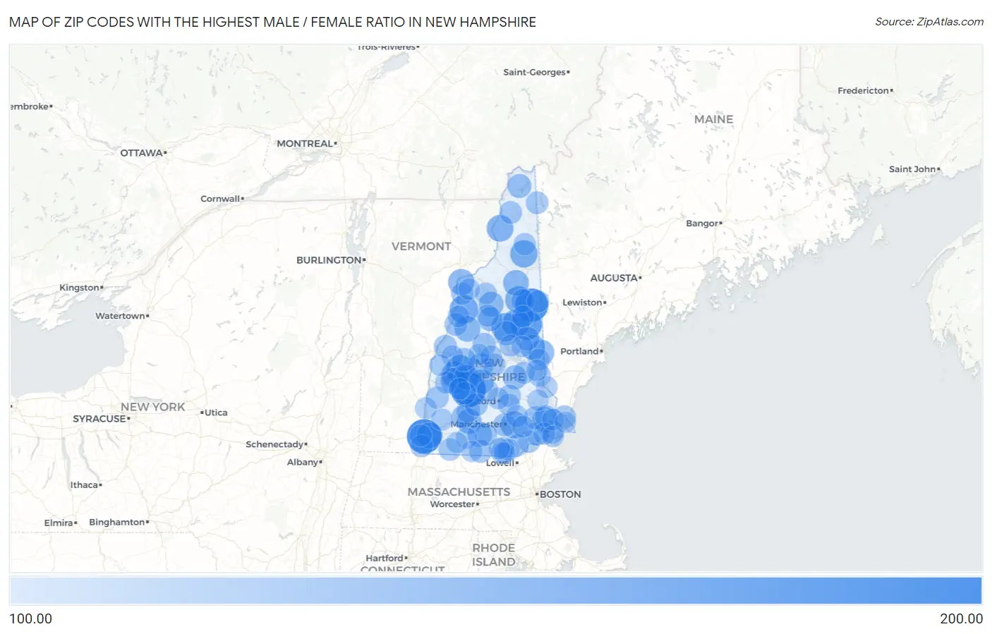 Zip Codes with the Highest Male / Female Ratio in New Hampshire Map