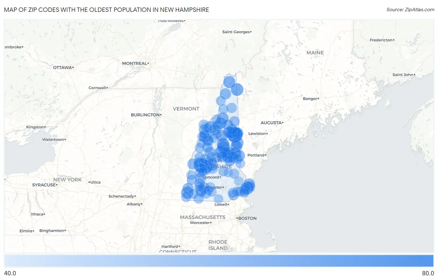 Zip Codes with the Oldest Population in New Hampshire Map