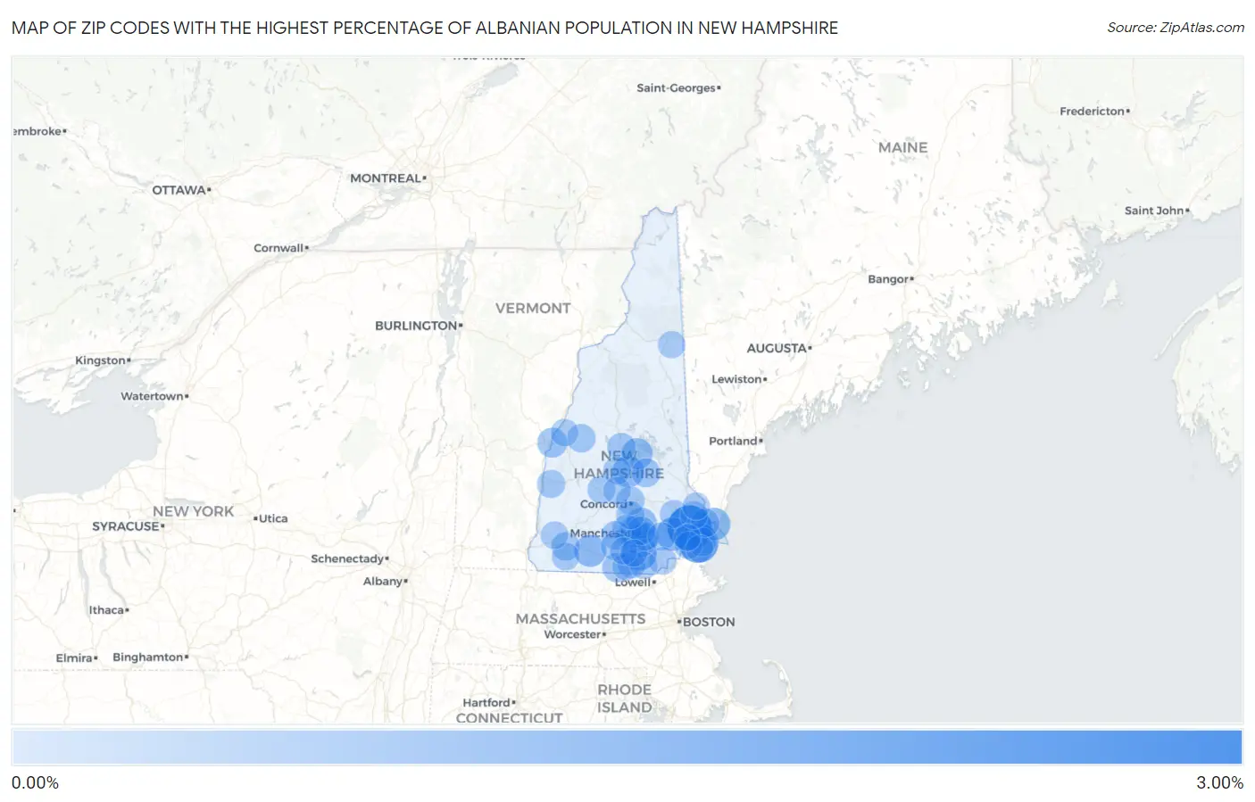 Zip Codes with the Highest Percentage of Albanian Population in New Hampshire Map
