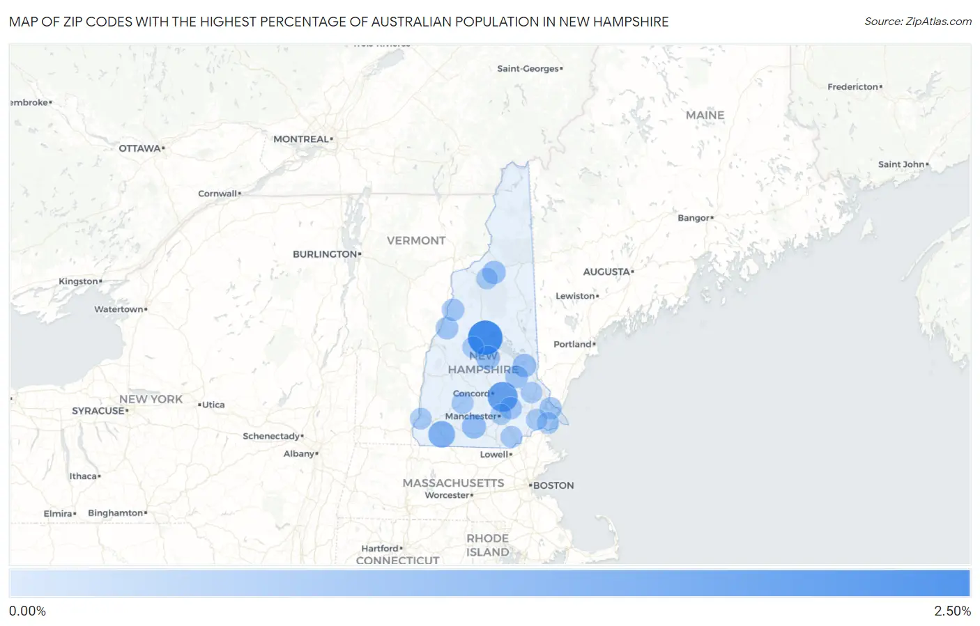Zip Codes with the Highest Percentage of Australian Population in New Hampshire Map