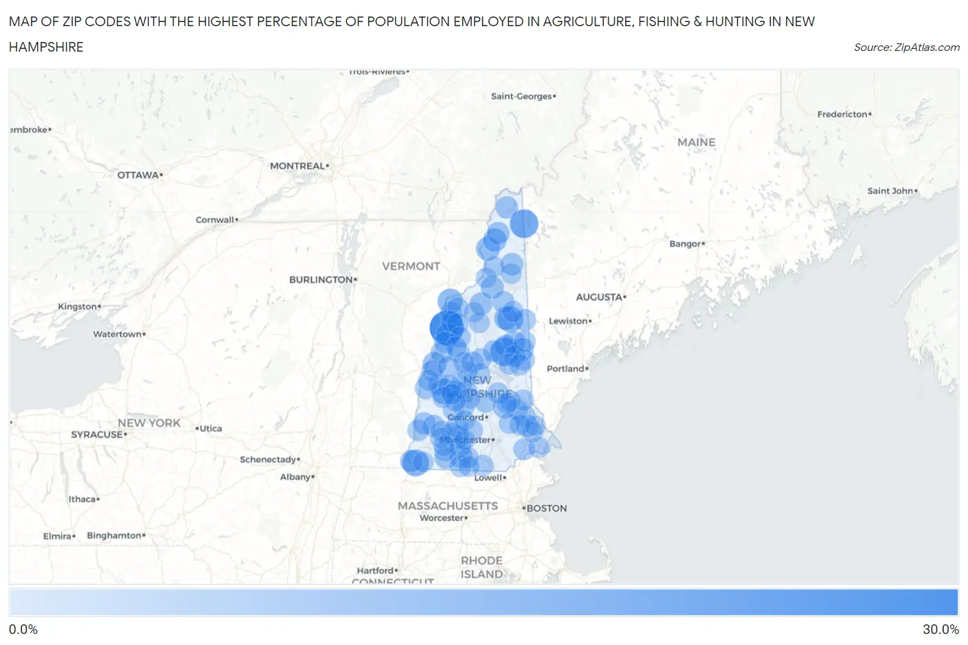 Zip Codes with the Highest Percentage of Population Employed in Agriculture, Fishing & Hunting in New Hampshire Map