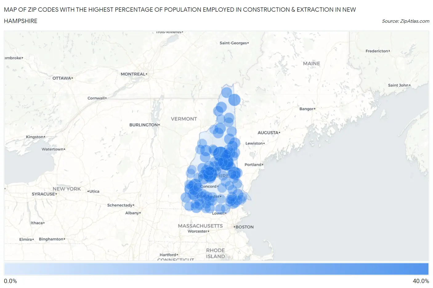 Zip Codes with the Highest Percentage of Population Employed in Construction & Extraction in New Hampshire Map