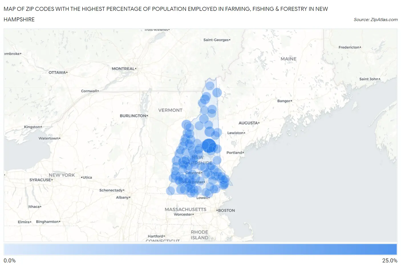 Zip Codes with the Highest Percentage of Population Employed in Farming, Fishing & Forestry in New Hampshire Map