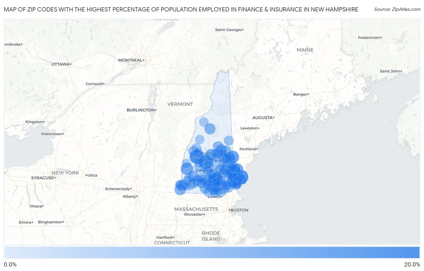 Zip Codes with the Highest Percentage of Population Employed in Finance & Insurance in New Hampshire Map