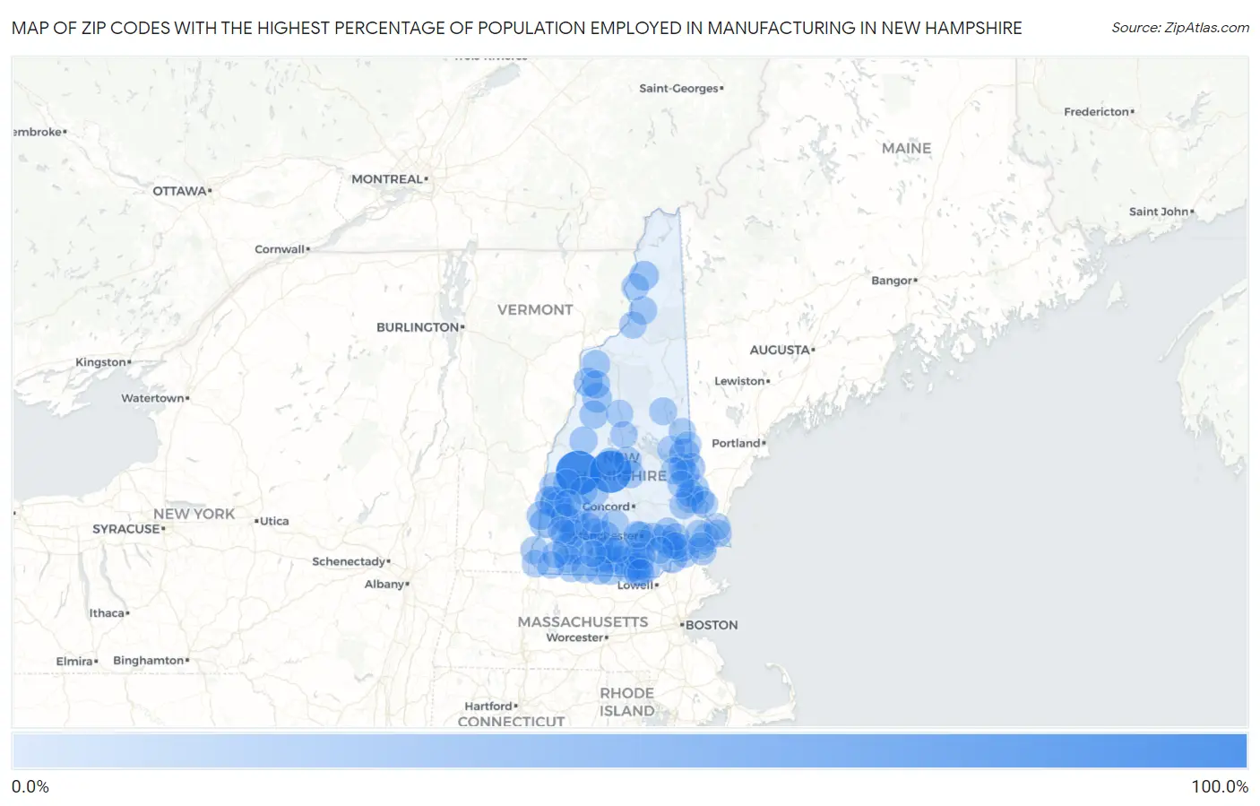 Zip Codes with the Highest Percentage of Population Employed in Manufacturing in New Hampshire Map
