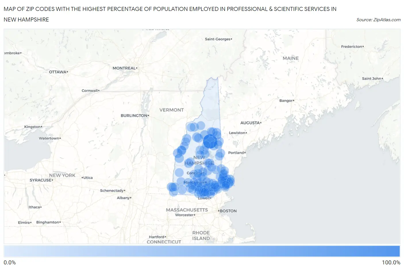 Zip Codes with the Highest Percentage of Population Employed in Professional & Scientific Services in New Hampshire Map