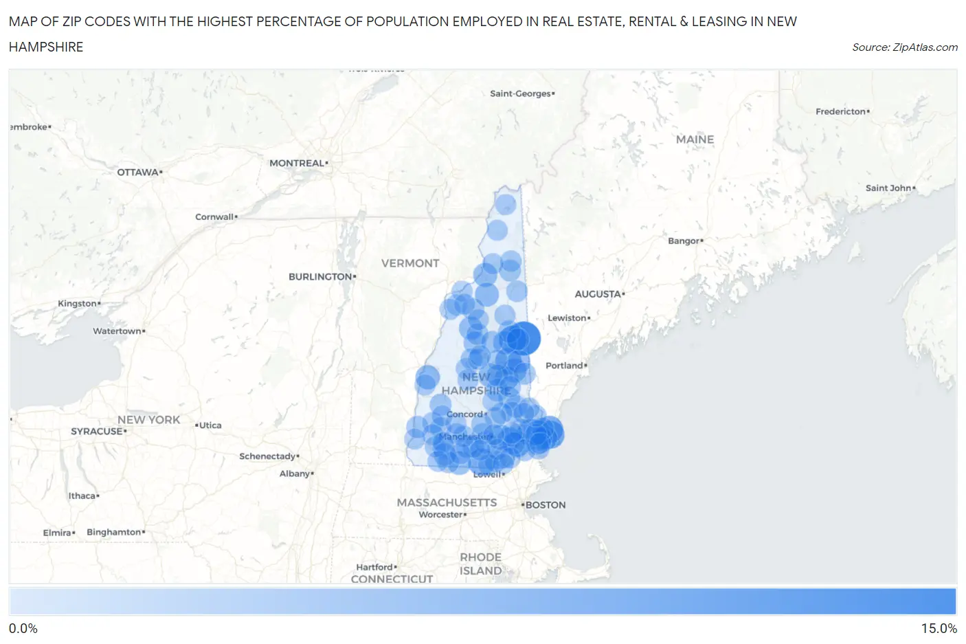 Zip Codes with the Highest Percentage of Population Employed in Real Estate, Rental & Leasing in New Hampshire Map